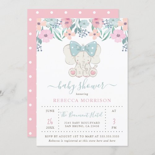 Watercolor Flowers Baby Girl Elephant Baby Shower Invitation - Create your own custom Watercolor Flowers Baby Girl Elephant Baby Shower invitation cards using these templates by Eugene Designs. This trendy baby shower invitation design features a watercolor floral drop, a cute hand-drawn baby girl elephant with a big blue bow and modern script typography. On the reverse there is a blush pink color with polka dots to match the front. (1) Type in your custom baby shower info into the template boxes provided. (2) Use the "customize this" or "personalize" to start editing colors, fonts, sizes and more. (3)  Choose from twelve unique paper types, two printing options and six shape options to design a card that's perfect for you. Wishing you a wonderful day!