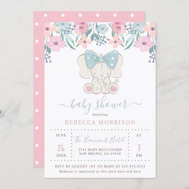 Watercolor Flowers Baby Girl Elephant Baby Shower Invitation (Front/Back)