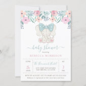 Watercolor Flowers Baby Girl Elephant Baby Shower Invitation (Front)