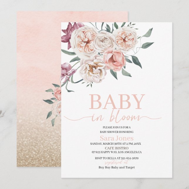 Watercolor Flowers Baby in bloom Baby Shower Invitation (Front/Back)