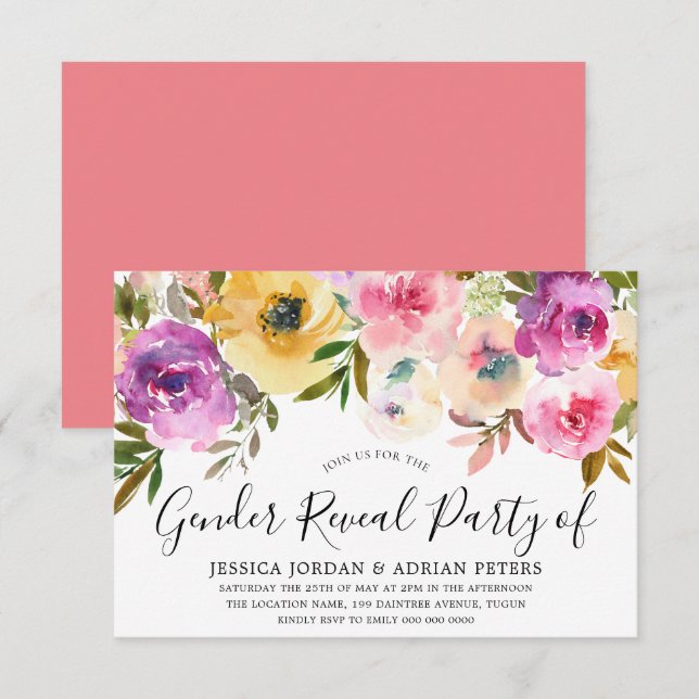 Watercolor Flowers Baby Shower Gender Reveal Party Invitation (Front/Back)