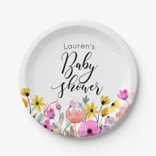 Watercolor Flowers Baby Shower Paper Plates (Front)