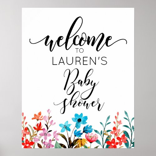 Watercolor Flowers Baby Shower Welcome Poster