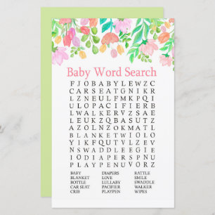 Watercolor Flowers Baby Shower Word Search Game