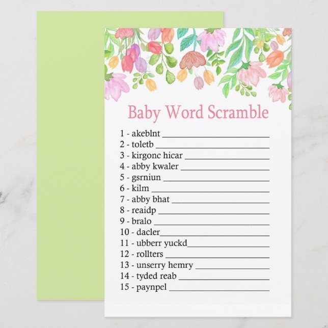 Watercolor Flowers Baby word scramble game (Front/Back)