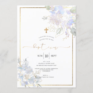 Watercolor Flowers Baptism Dusty Blue Sweet Peas Invitation