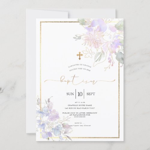 Watercolor Flowers Baptism Dusty Lilac Sweet Peas Invitation
