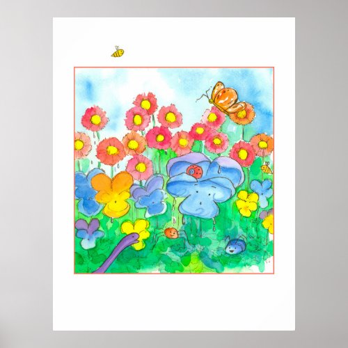 Watercolor Flowers Bees Butterflies Poster