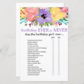 Watercolor flowers Birthday ever or never game (Front/Back)