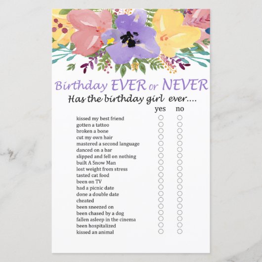 Watercolor flowers Birthday ever or never game (Front)