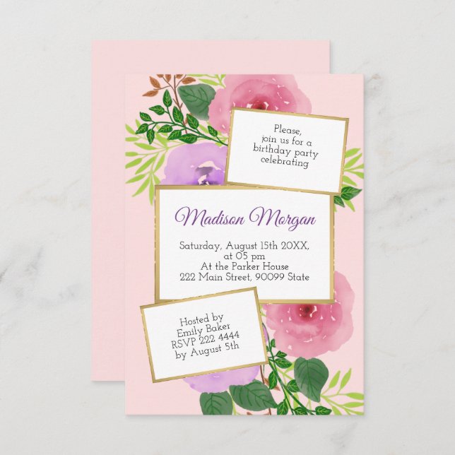 Watercolor Flowers Birthday Invitation (Front/Back)