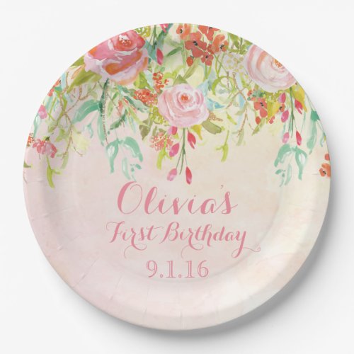 Watercolor Flowers Birthday Party Paper Plates