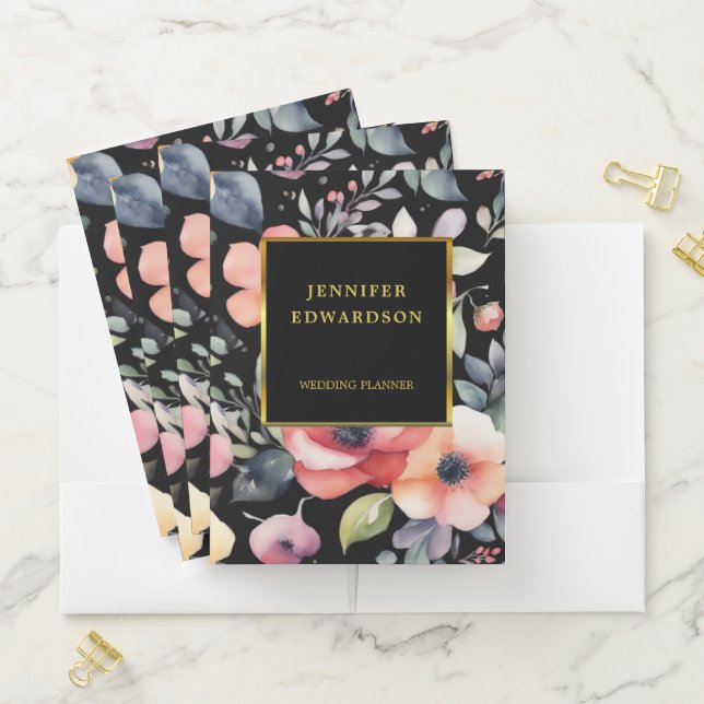 Watercolor flowers black and gold professional pocket folder (In Situ)
