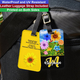 Watercolor Flowers Black & Gold Monogram Initial Luggage Tag