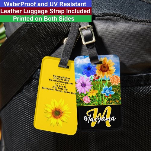 Watercolor Flowers | Black &amp; Gold Monogram Initial Luggage Tag