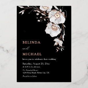 Watercolor Flowers Black White Rose Gold Foil Invitation