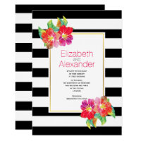 Watercolor flowers black white stripes wedding card
