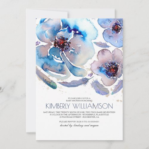 Watercolor Flowers Blue Boho Baby Shower Invitation - Blush and blue watercolor vibrant flowers and pastel feathers bohemian baby shower invitation.