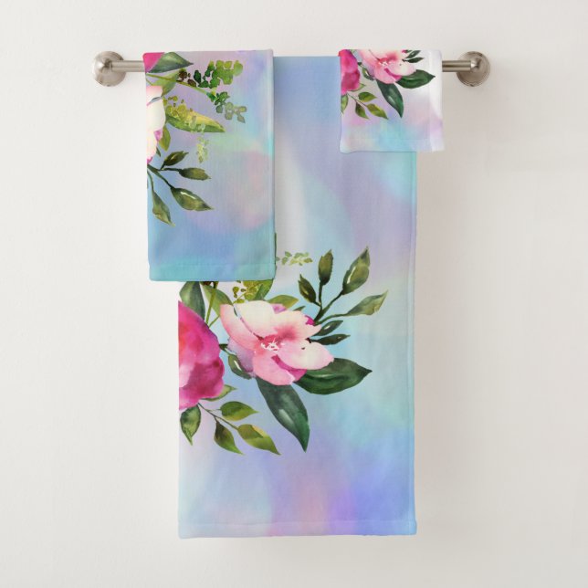 Watercolor Flowers Blue Pink Towel Set (Insitu)