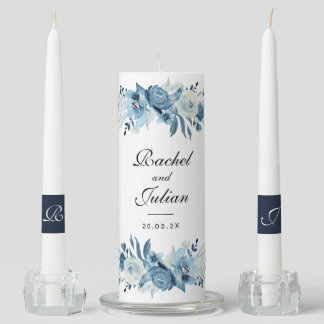 watercolor flowers blue white wedding unity candle set