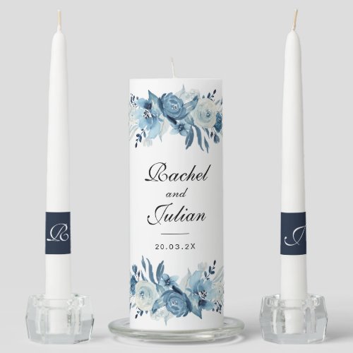 watercolor flowers blue white wedding unity candle set
