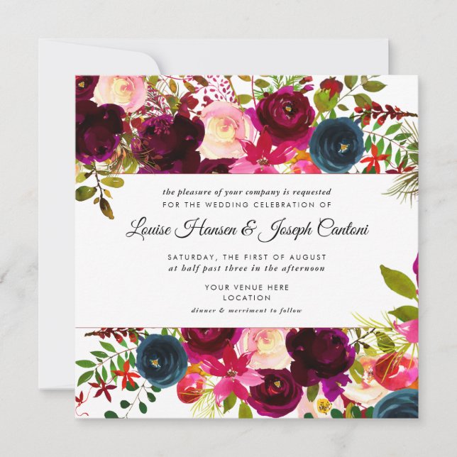 Watercolor Flowers Blush, Burgundy+Navy Announcement (Front)