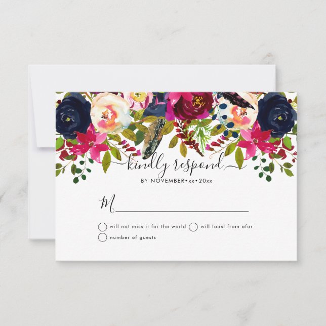 Watercolor Flowers Blush, Burgundy+Navy Announcement (Front)