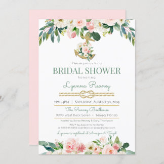 Watercolor Flowers Blush Nautical Bridal Shower Invitation