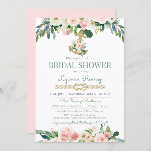 Watercolor Flowers Blush Nautical Bridal Shower Invitation