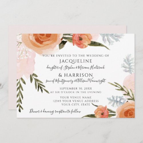Watercolor Flowers Blush Peach Foliage Wedding Invitation