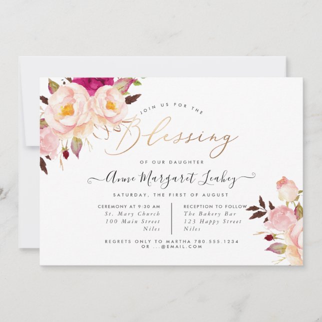 Watercolor Flowers Blush Peonies Blessing Invitation (Front)