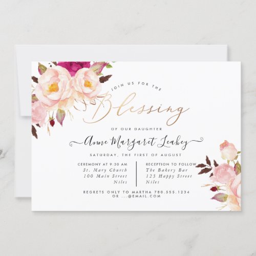 Watercolor Flowers Blush Peonies Blessing Invitation
