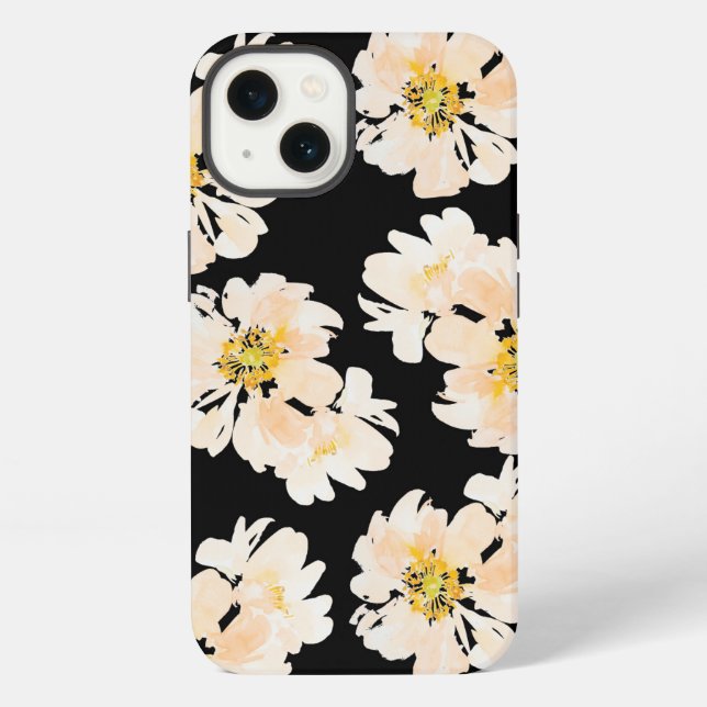 Watercolor Flowers blush peonies on black iPhone Case (Back)