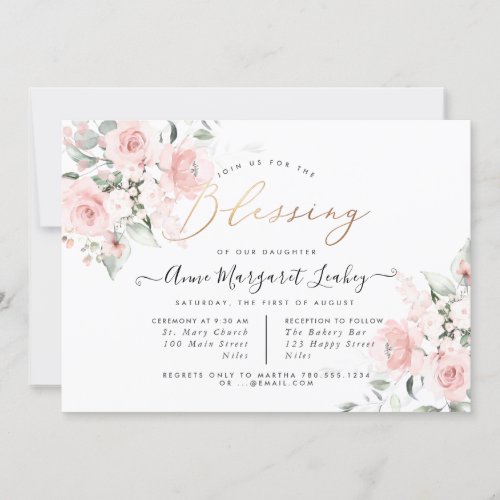 Watercolor Flowers Blush Roses Blessing Invitation
