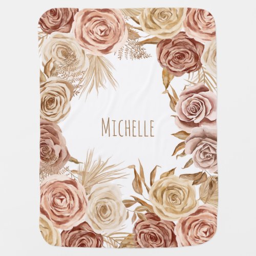 Watercolor Flowers Boho Chic Roses Dry Palm Leaves Baby Blanket