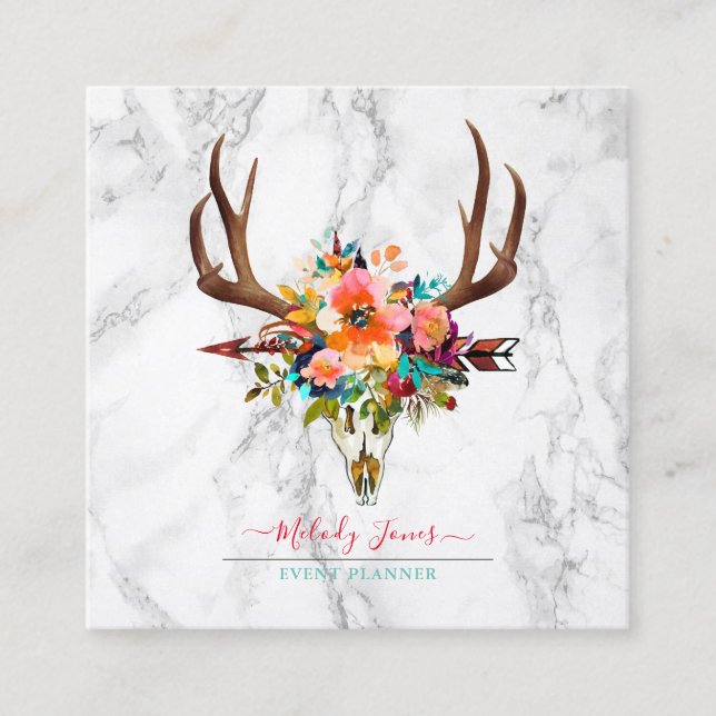 WATERCOLOR FLOWERS, BOHO SKULL+ARROW+MARBLE SQUARE BUSINESS CARD (Front)
