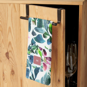 Watercolor flowers botanical monogrammed kitchen towel
