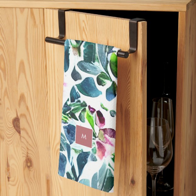 Watercolor flowers botanical monogrammed kitchen towel (Thirds Fold)