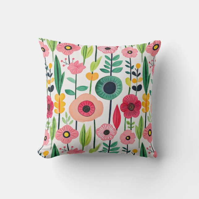Watercolor Flowers Botanical Pattern Colorful Throw Pillow (Front)