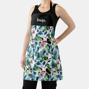 Watercolor flowers botanical pattern monogram name apron