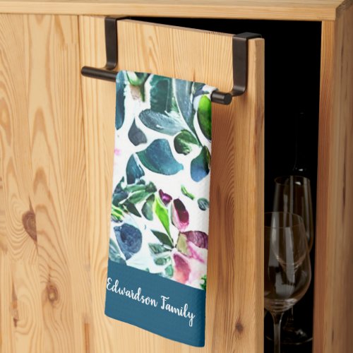 Watercolor flowers botanical pattern monogram name kitchen towel