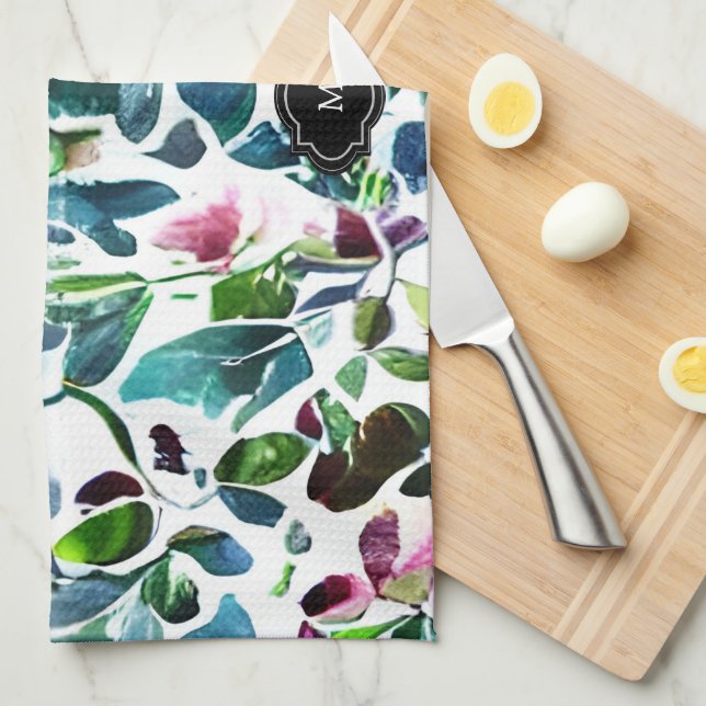 Watercolor flowers botanical pattern monogrammed kitchen towel (Quarter Fold)