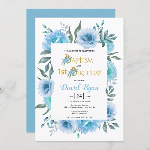 Watercolor flowers boy baptism and 1st birthday invitation