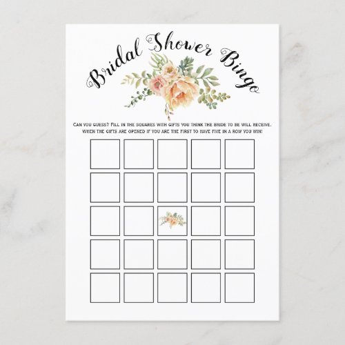 Watercolor flowers bridal shower bingo game card