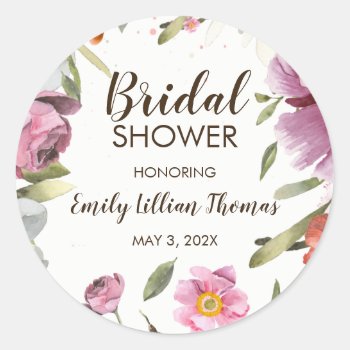 Watercolor Flowers Bridal Shower Classic Round Sticker by Vineyard at Zazzle