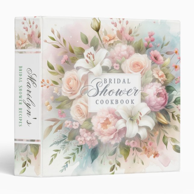 Watercolor Flowers Bridal Shower Custom 3 Ring Binder (Front/Spine)