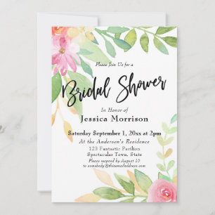 Watercolor Flowers Bridal Shower Typography Invitation