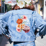 Watercolor Flowers Bride Chic floral Denim Jacket<br><div class="desc">This Here comes the Bride script flowers wedding denim jacket features flowers in pink and orange color with leaves. A perfect country chic floral denim jacket for bride.</div>