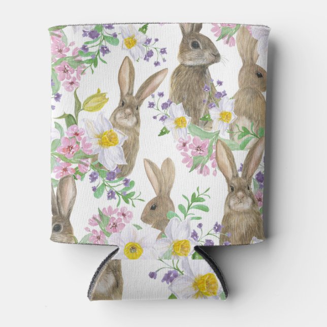 Watercolor Flowers-Bunny Fusion. Can Cooler (Front)