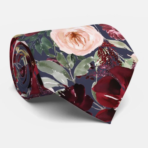 Watercolor Flowers Burgundy Blush Navy Neck Tie